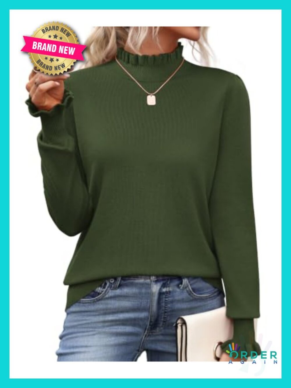 Turtleneck Sweater Ruffle Mock Neck Flared Cuffs Knit Long Sleeve Top